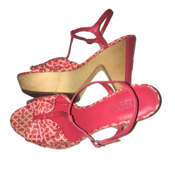 Coach Shoes Coach Hot Pink And Baby Pink Logo Fabric T Strap Wood